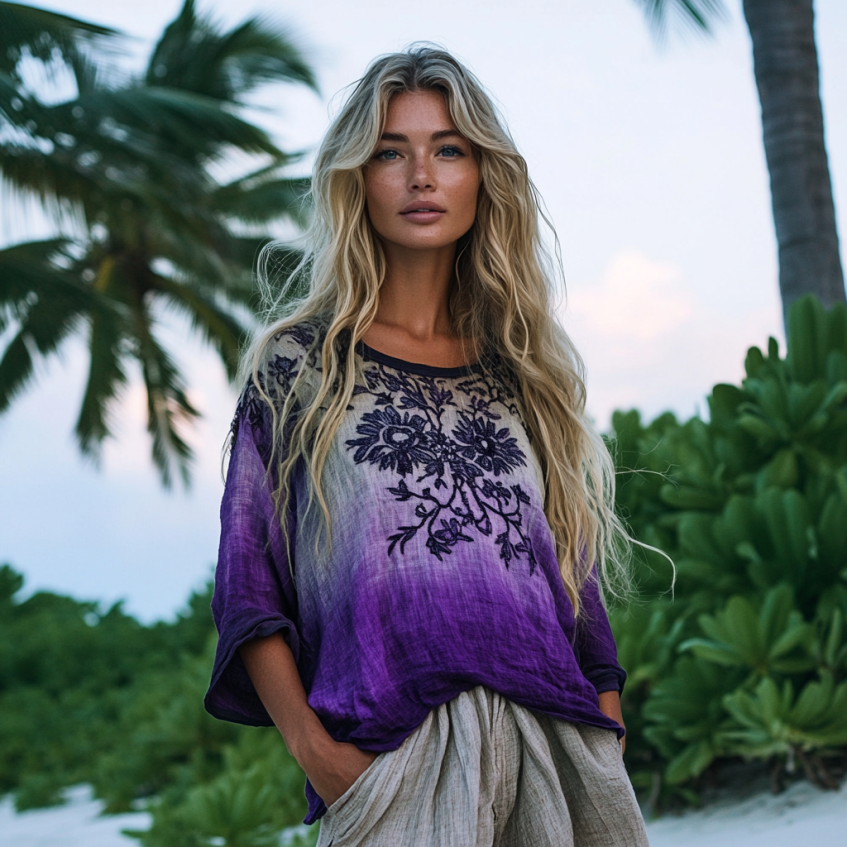 Vintage Bohemian Beach Vacation Gradient Floral Linen Long-sleeved Round Neck Tops elevenforest