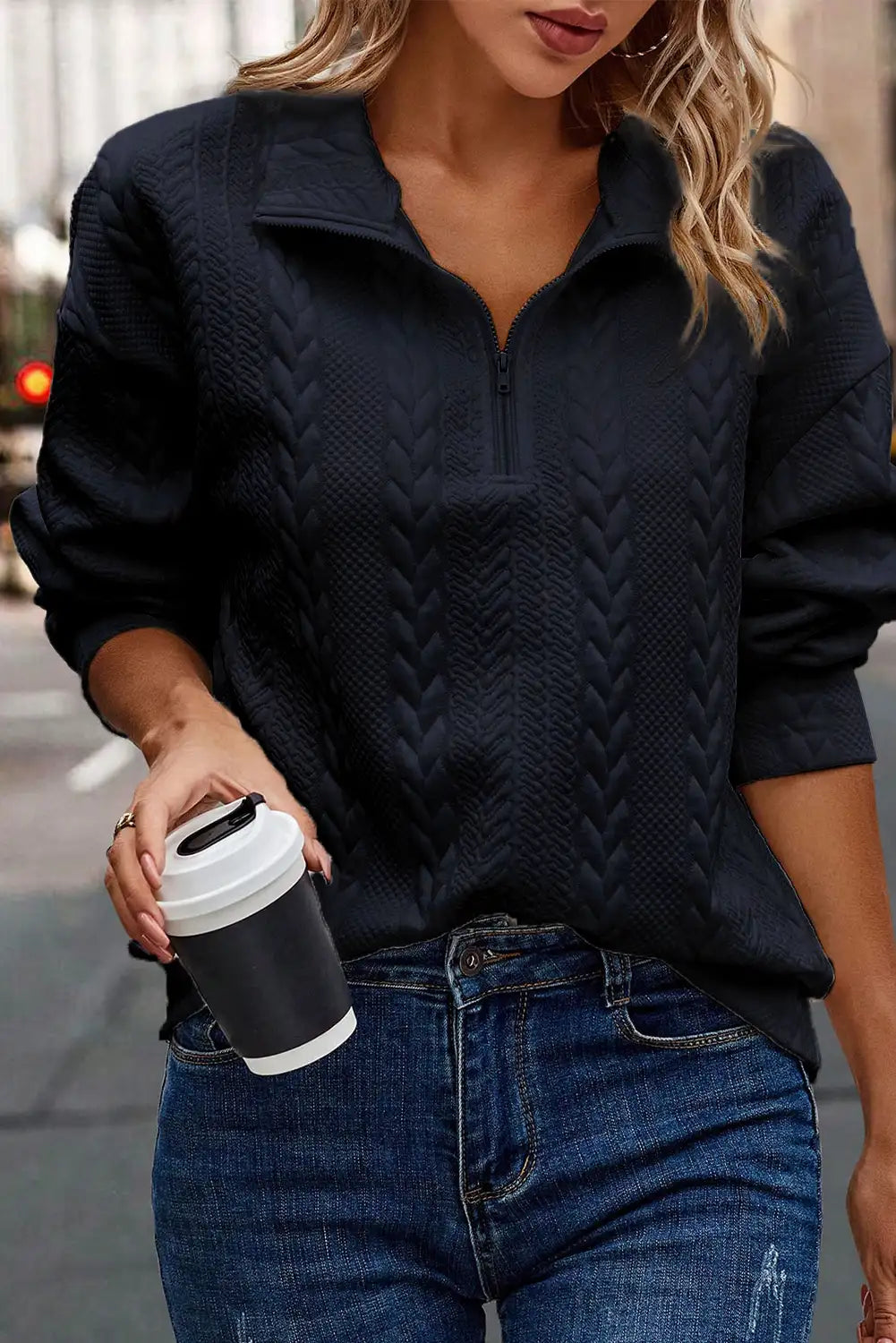 Navy Blue Cable Textured Sweatshirt