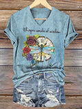 Women's Vintage Dragonfly Art Print V-neck Casual T-Shirt
