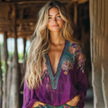 Retro Boho Floral Tribal Embroidery Print Cotton And Linen Blend Loose Blouse elevenforest