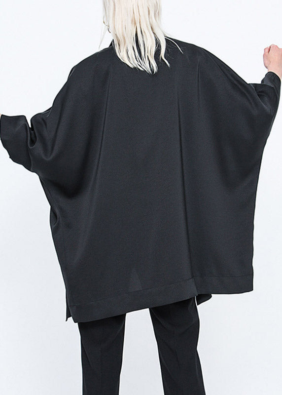 Black Stand Collar Zippered Batwing Trench Coats Long Sleeve