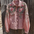 Pink Roses Embroidered Lace Patchwork Denim Jacket elevenforest