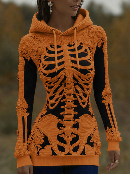 Women's Halloween Skeleton Bones With Roses Art Knitted Warm Hooded Sweater artswardrobe