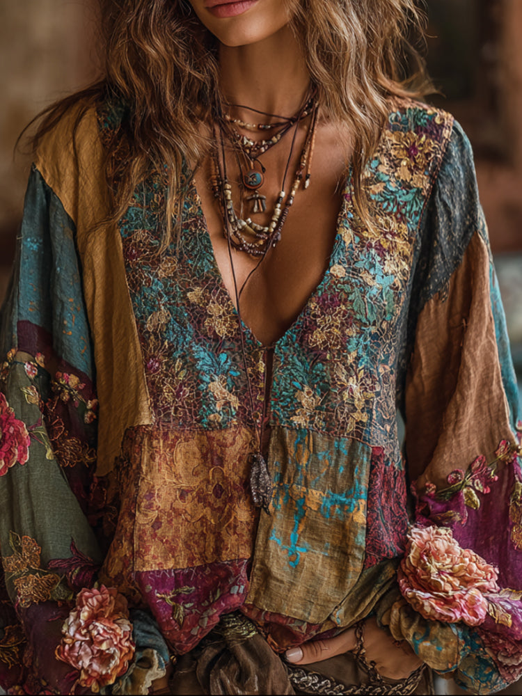 Bohemian Style Embroidered Flower Long-sleeved V-neck Bright Yellow Distressed Long-sleeved Top elevenforest