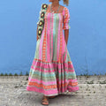 Vintage Geometric Color Block Bohemian Leisure Holiday Pleated Patchwork Half Sleeve Square Neck Colorful Midi Dress elevenforest