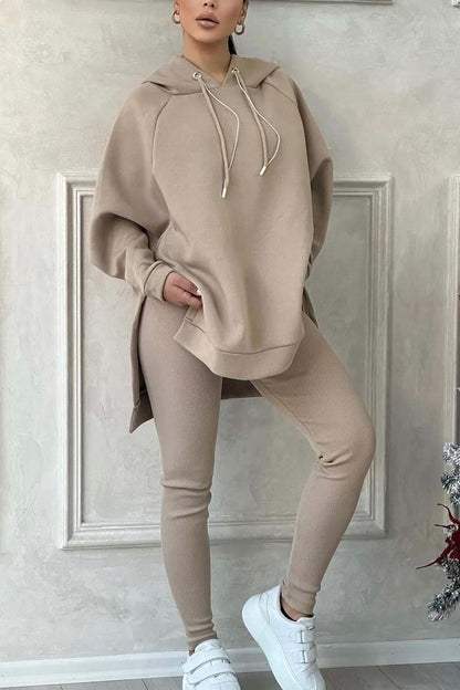 Color Slit Hem Hooded Sweatshirt Sports Suit