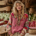 Comstylish Women's Vintage Floral Embroidery Boho V Neck Cozy Sweater
