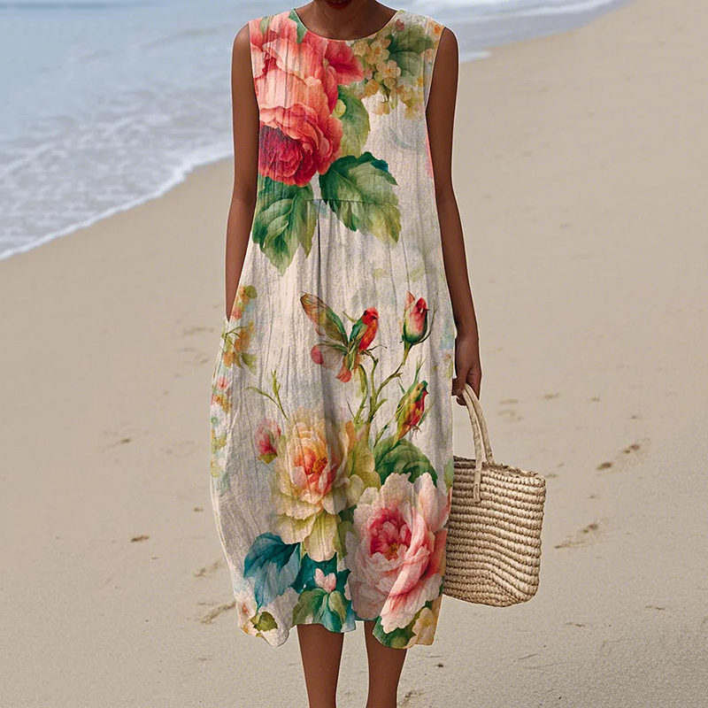 Vintage Loose Vintage Elegant Floral  Art Linen Tank Dress elevenforest