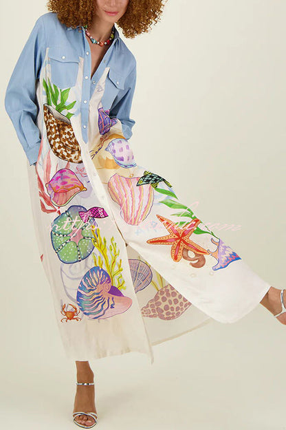 Take a Trip Marine Elements Unique Print Patchwork Pocketed Long Shirt Coat