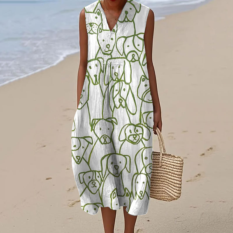 Women's Retro Line Dog Art V-neck Dress elevenforest