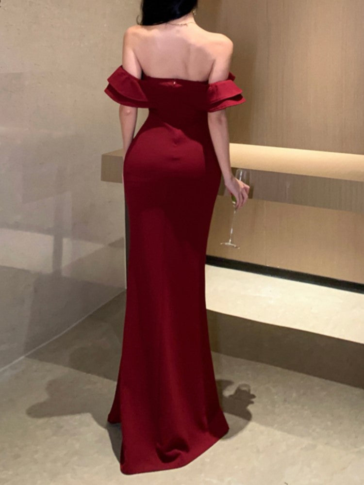 Bodycon Long Dresses for Wedding Evening Party Prom Robe Ruffles Slash Neck High Split Hollow Out Summer New Vestido