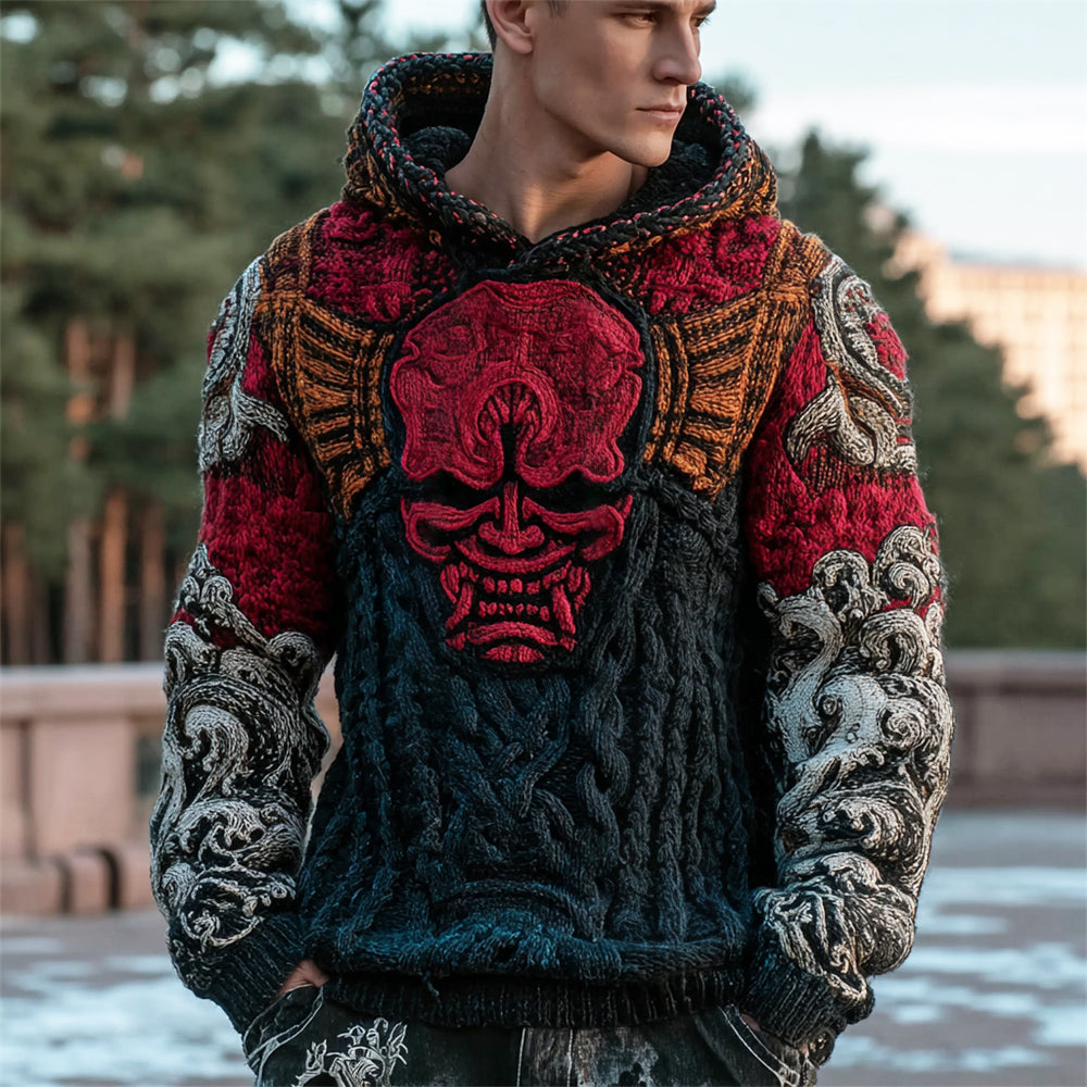 Japanese Flame Claw Oni & Ocean Art Men's Chunky Knit Hooded Sweater elevenforest