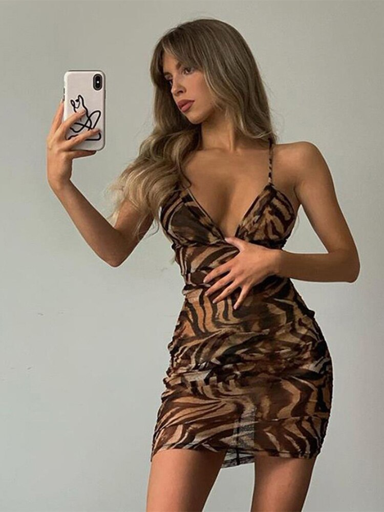Low Cut V-neck Printed Graphic Dress Summer Club Party Wear Bodycon Sling Mini Dresses Female