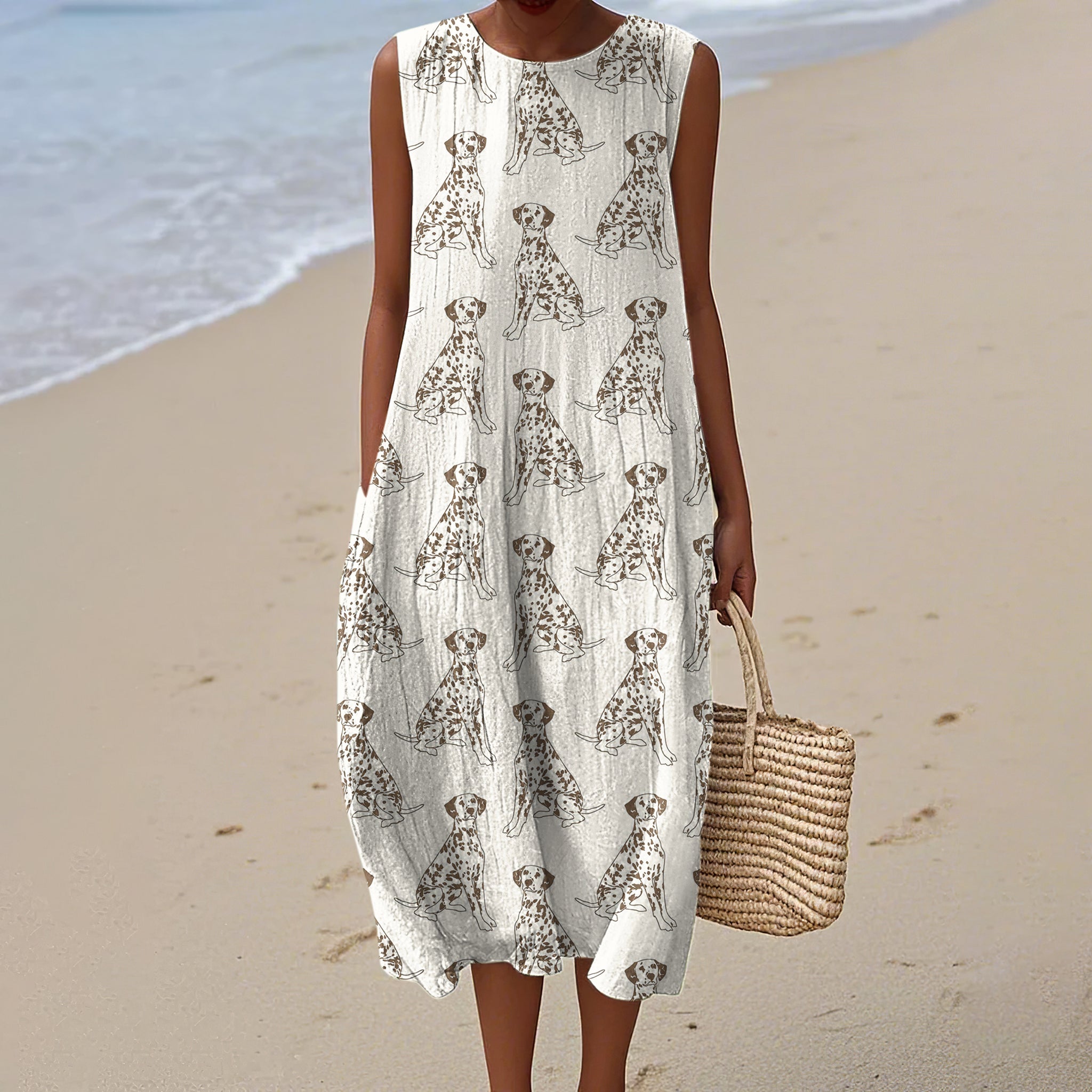 Comstylish Retro Cute Dalmatian Dog Art Linen Tank Midi Dress