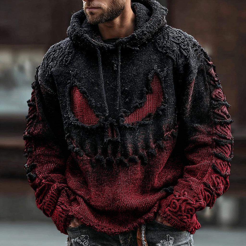Men's Halloween Spooky Face Gradient Inspired Knitted Distressed Hooded Sweater artswardrobe