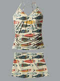 Fish V-Neck Vintage Flowers Print Suspender Skirt Tankini Pantskirt Set Swimsuit