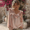 Vintage Boho Pink Roses Embroidered Flowy Linen V-neck Tunic elevenforest