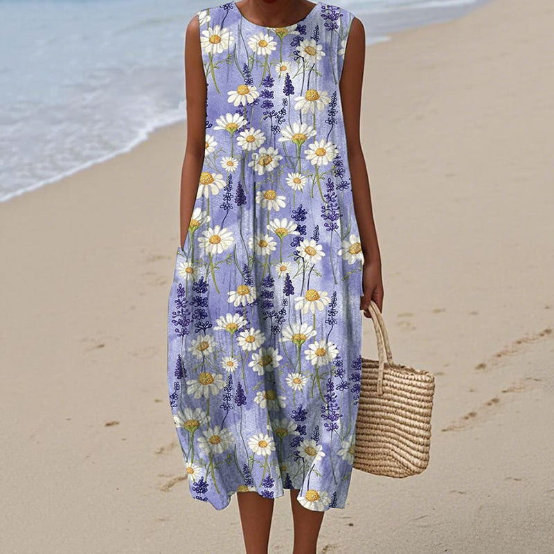 Women's Daisy Art Print Crew Neck Tank Midi Dress elevenforest