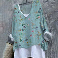 Floral Cotton And Linen V-Neck Cozy Shirt Tunic Top