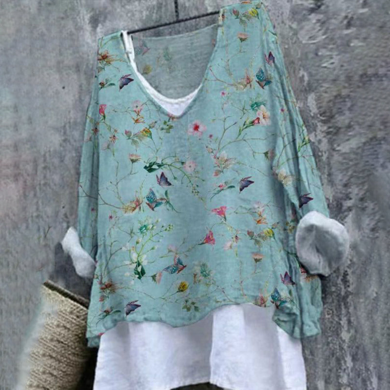 Floral Cotton And Linen V-Neck Cozy Shirt Tunic Top