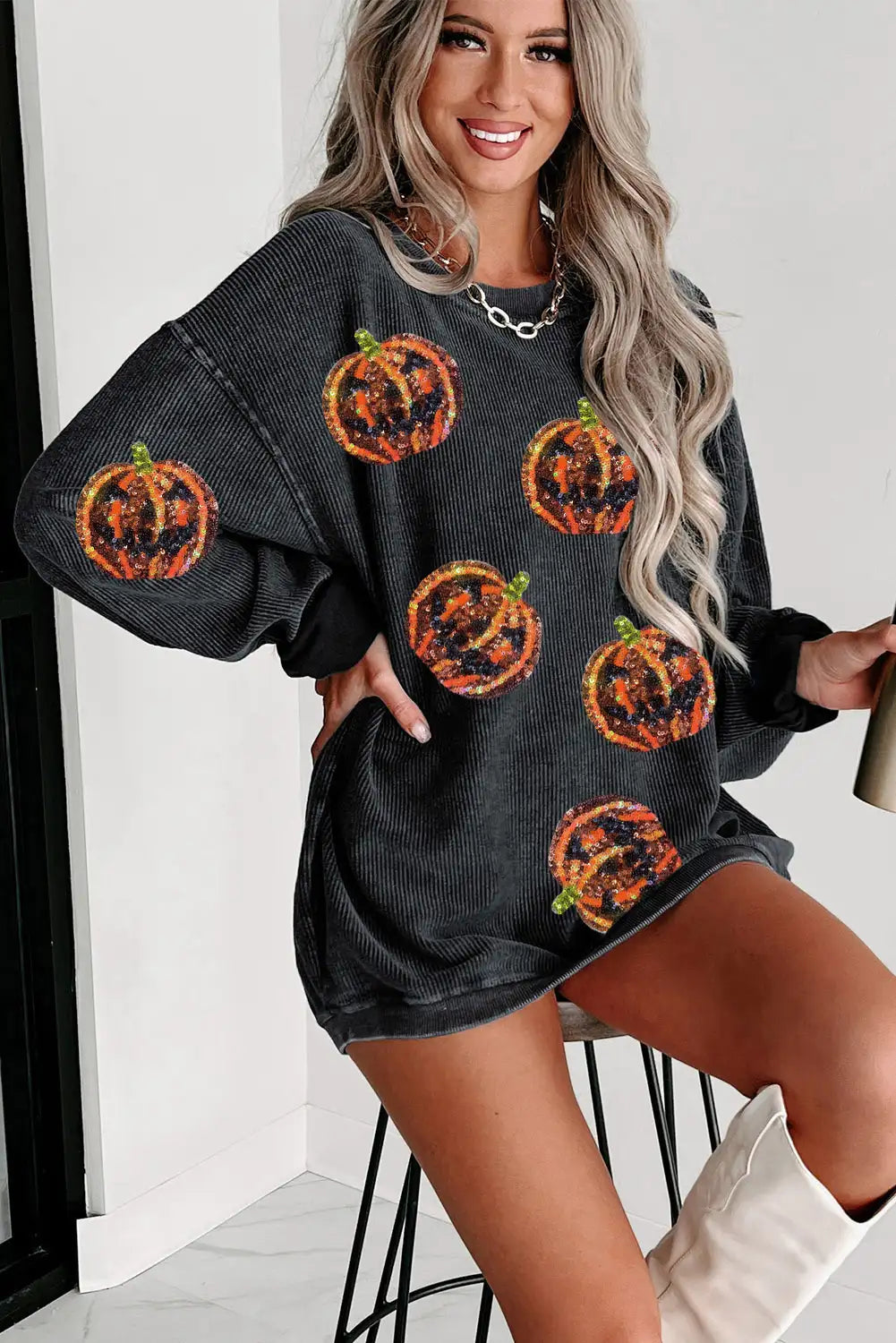 Sequined Jack O Lantern Corded Sweatshirt