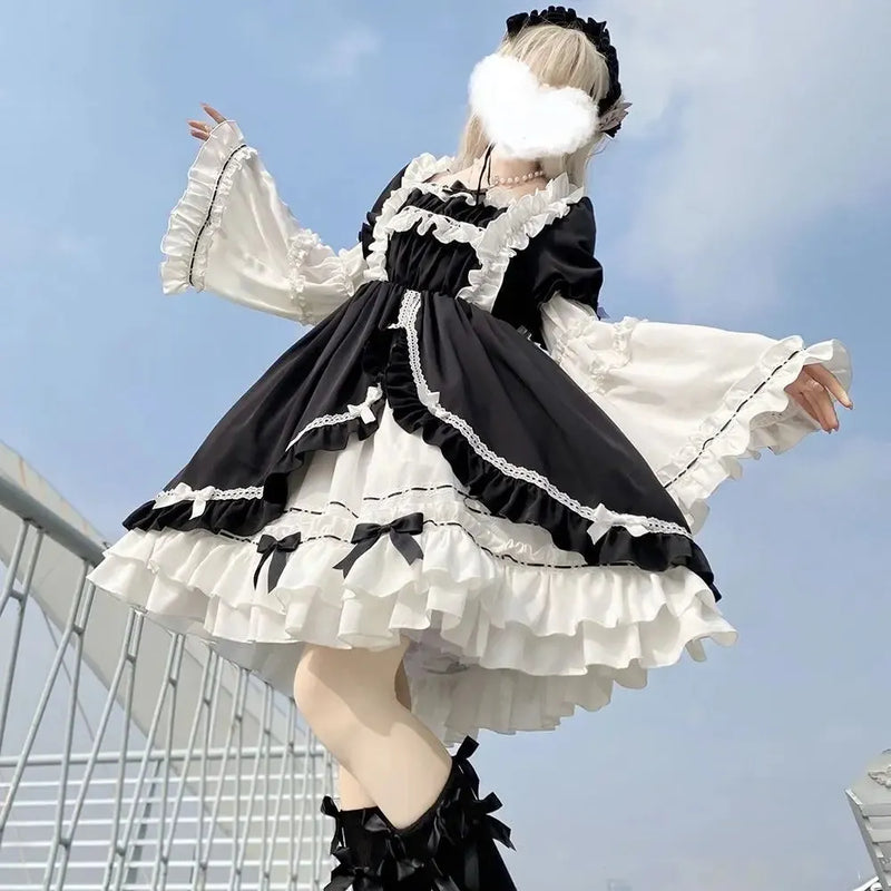 Contrast Color Japanese Dress Ruffled Patchwork High Waist Fairy Robe Y2k Aesthetic Sweet Dresses Vestido De Mujer