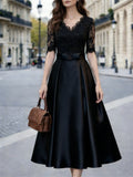 Comstylish Vintage Classy Lace V Neck Satin Maxi Dress