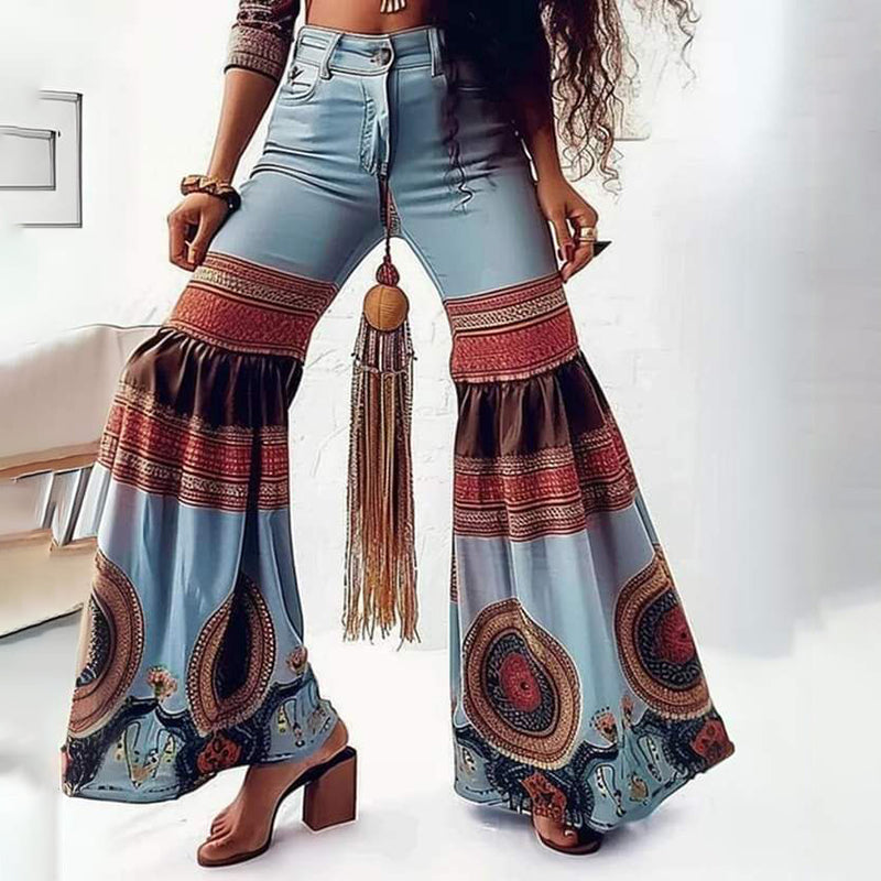 Vintage Boho Ethnic Patchwork Art Button High Waist Wide Leg Jeans elevenforest