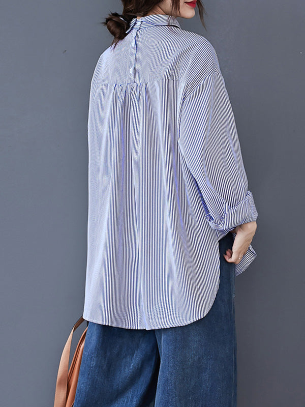 Loose Striped Split-joint With Pocket Lapel Collar Long Sleeves Blouse