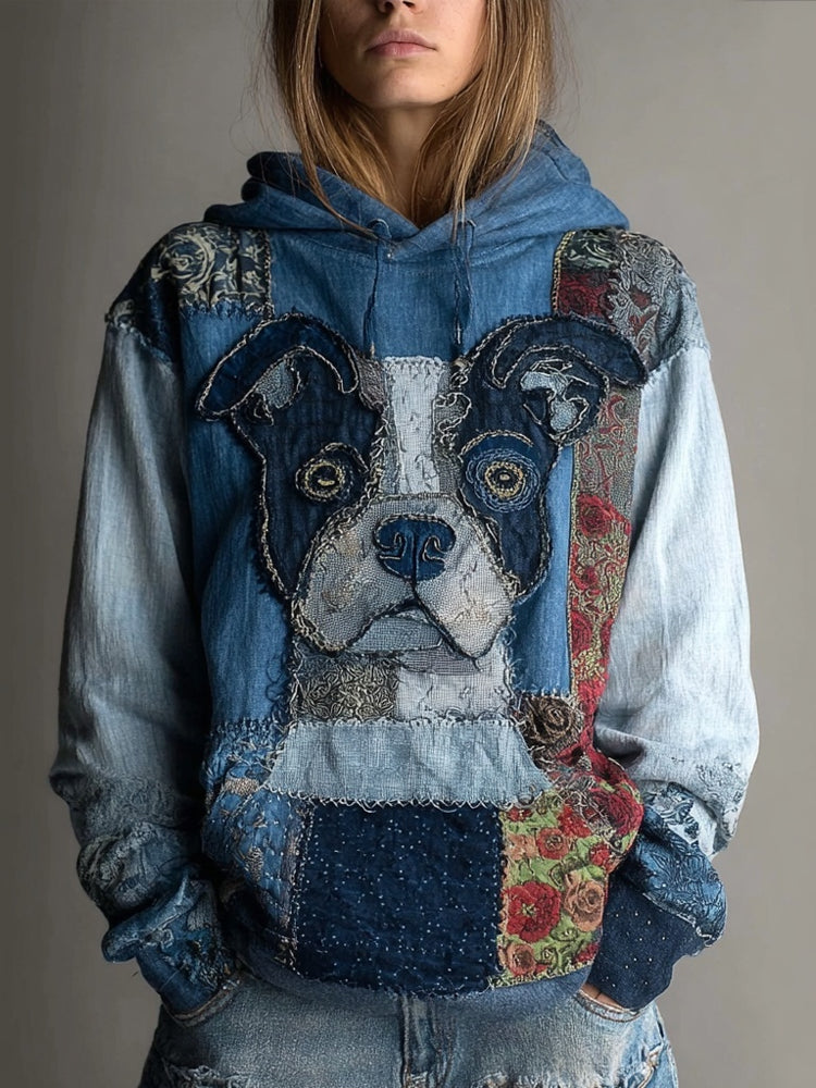Cute Dog Boho Floral Embroidered Patchwork Cozy Hoodie elevenforest