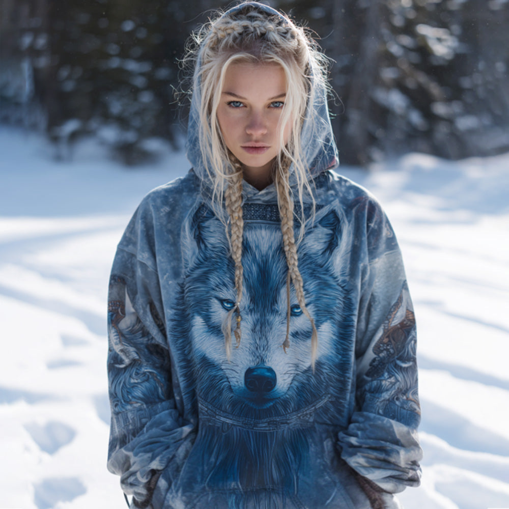 Comstylish Women's Viking Celtic Knot With Wolf Head Art Hooded Sweater