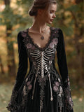 Vintage Skeleton Pink Roses Embroidered Velvet Maxi Dress elevenforest