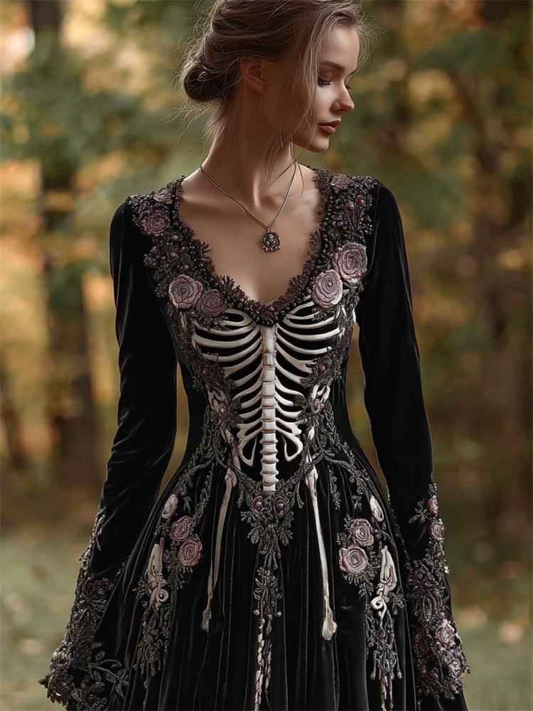 Vintage Skeleton Pink Roses Embroidered Velvet Maxi Dress elevenforest