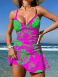 V-Neck Vintage Tropical Flowers Print Suspender Skirt Tankini Pantskirt Set Swimsuit