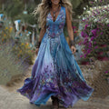 Vintage Purple And Blue Lavender Patchwork And Floral Embroidered Art Linen Sleeveless V Neck Maxi Dress elevenforest