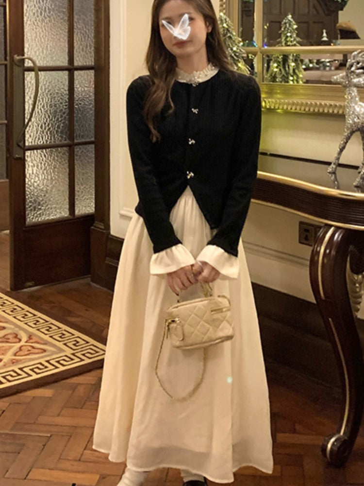 Patchwork Midi Dress O-neck Long Sleeve A-line Autumn Spring Evening Party Prom Robe Princess Vestidos New