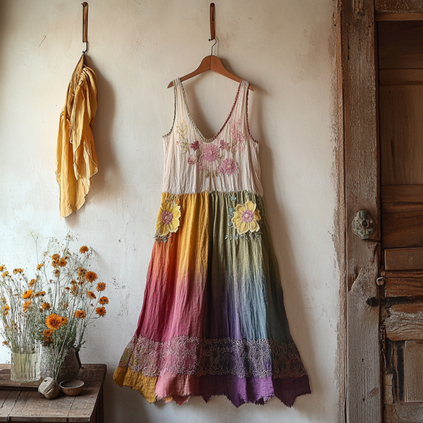 Retro Boho Floral Art Embroidery Print Lace And Linen V-neck Sleeveless Midi Dress elevenforest