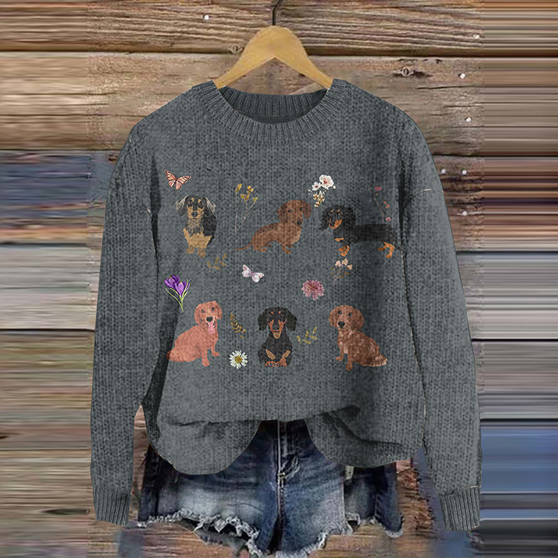 Comstylish Women's The Dachshund And Floral Art Cozy Sweater