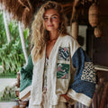 Classic Bohemian Japanese Traditional Sashiko Patchwork Art Embroidery Print Cotton And Linen Blend Kimono Cardigan elevenforest