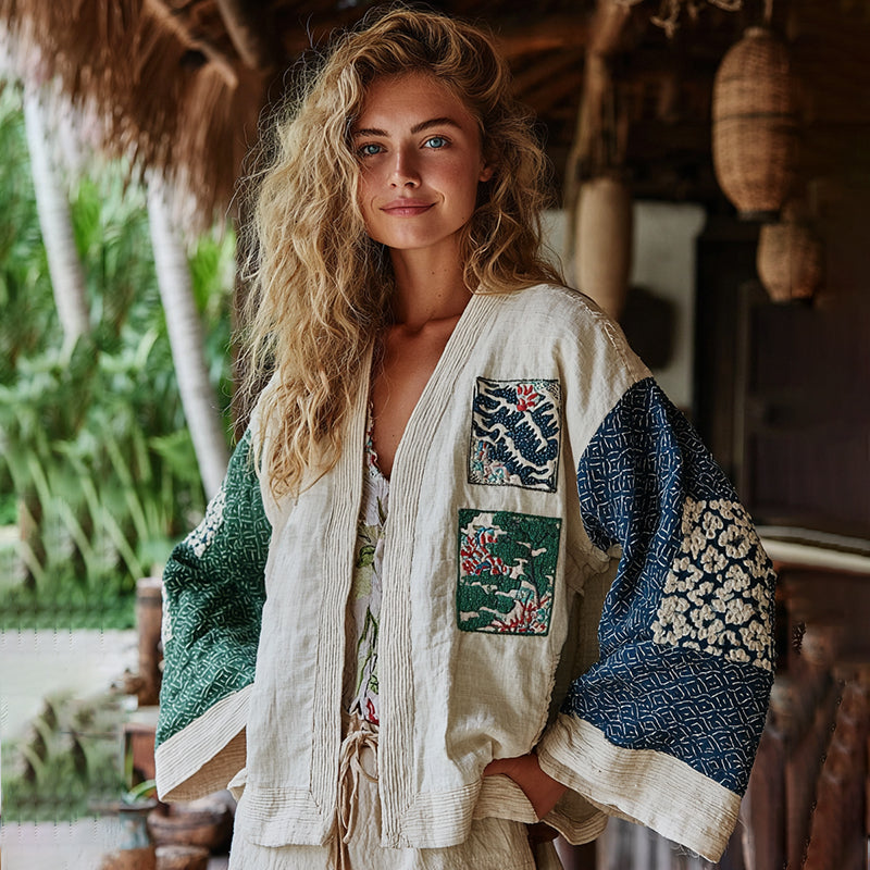 Classic Bohemian Japanese Traditional Sashiko Patchwork Art Embroidery Print Cotton And Linen Blend Kimono Cardigan elevenforest