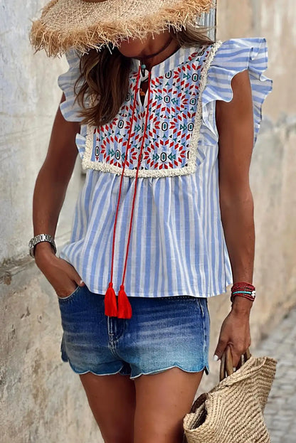 Sky Blue Geo Embroidered Blouse