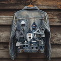 Vintage Street Buildings Patchwork Fiber Art Denim Jacket elevenforest