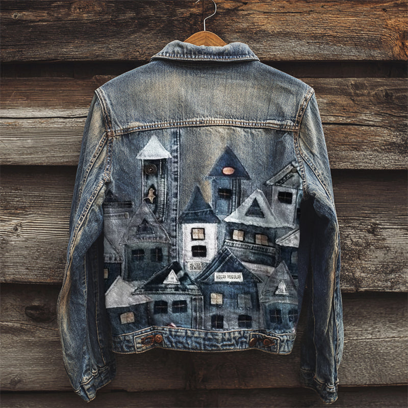Vintage Street Buildings Patchwork Fiber Art Denim Jacket elevenforest
