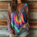 Women's Ethnic Geometric Tie-dye Print V-neck T-shirt elevenforest