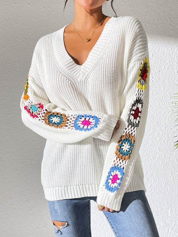 Eva® | Sweater with crochet sleeves and V-neck