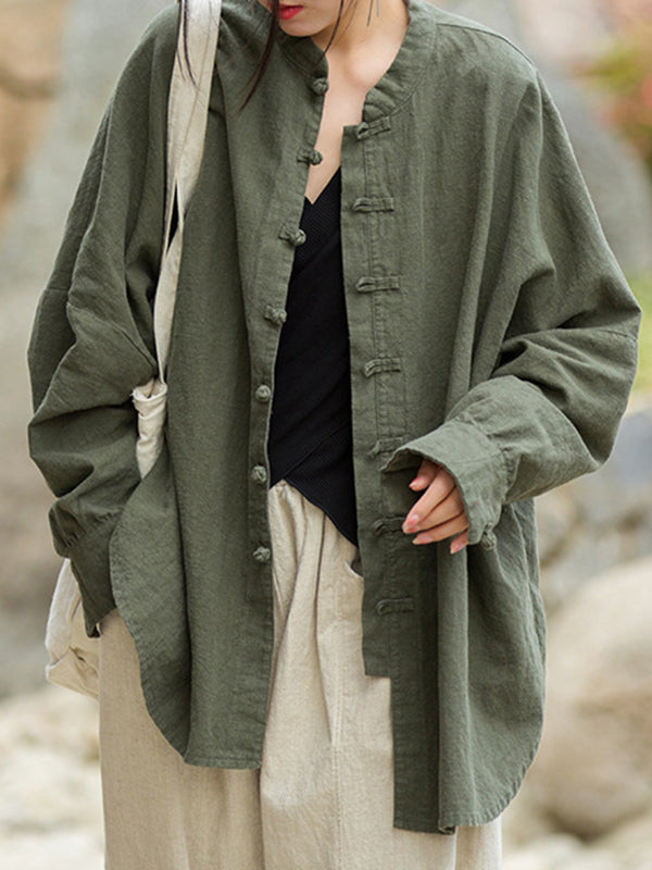 Batwing Sleeves Loose Chinese Frog Buttons Pleated Color Split-joint Stand Collar Blouses