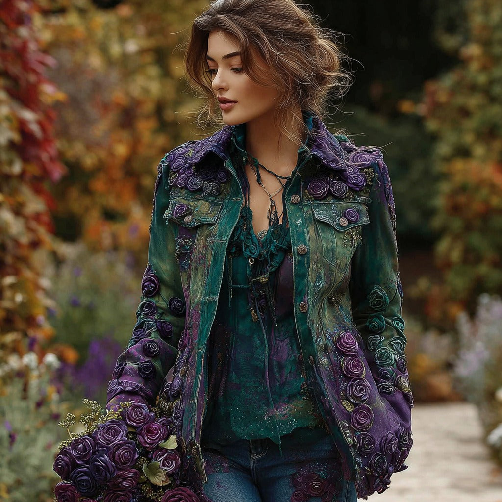Women's Purple Rose Embroidery Pattern Dyed Washed Denim Jacket elevenforest