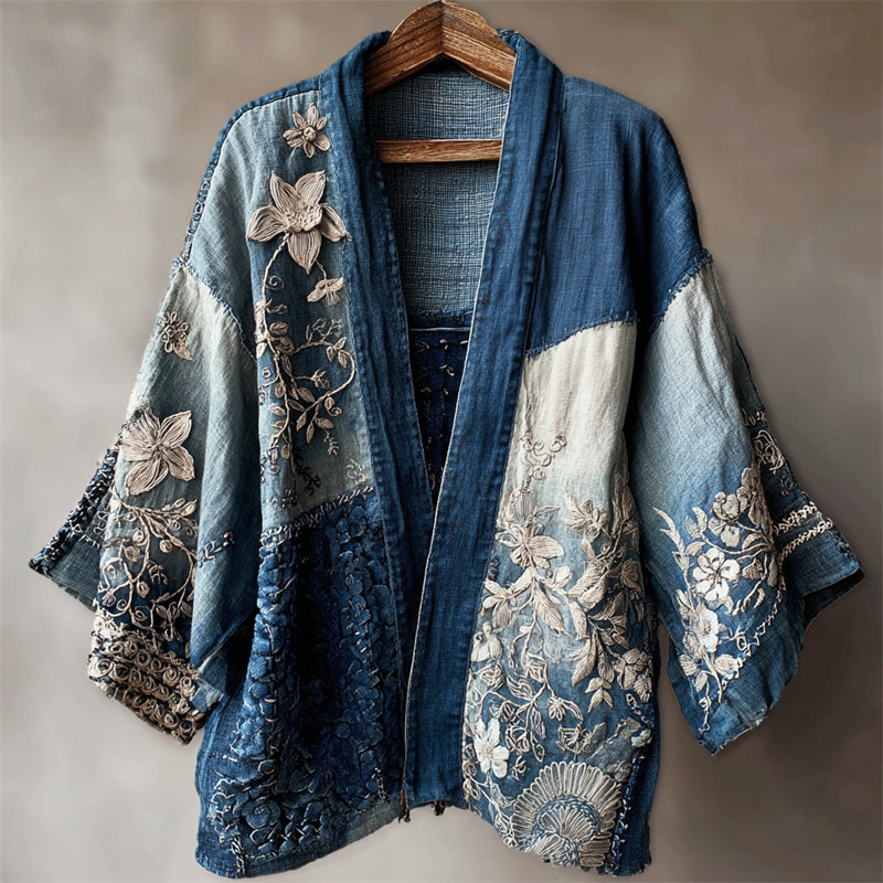 Floral Lace Fiber Art Japanese Sashiko Patchwork Linen Kimono elevenforest