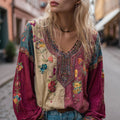 Women's Floral Embroidery Art Colorblock Linen Blend V-neck Boho Shirt elevenforest