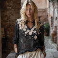 Bohème Pink Floral Hand Embroidered V-neck Long Sleeve Top elevenforest